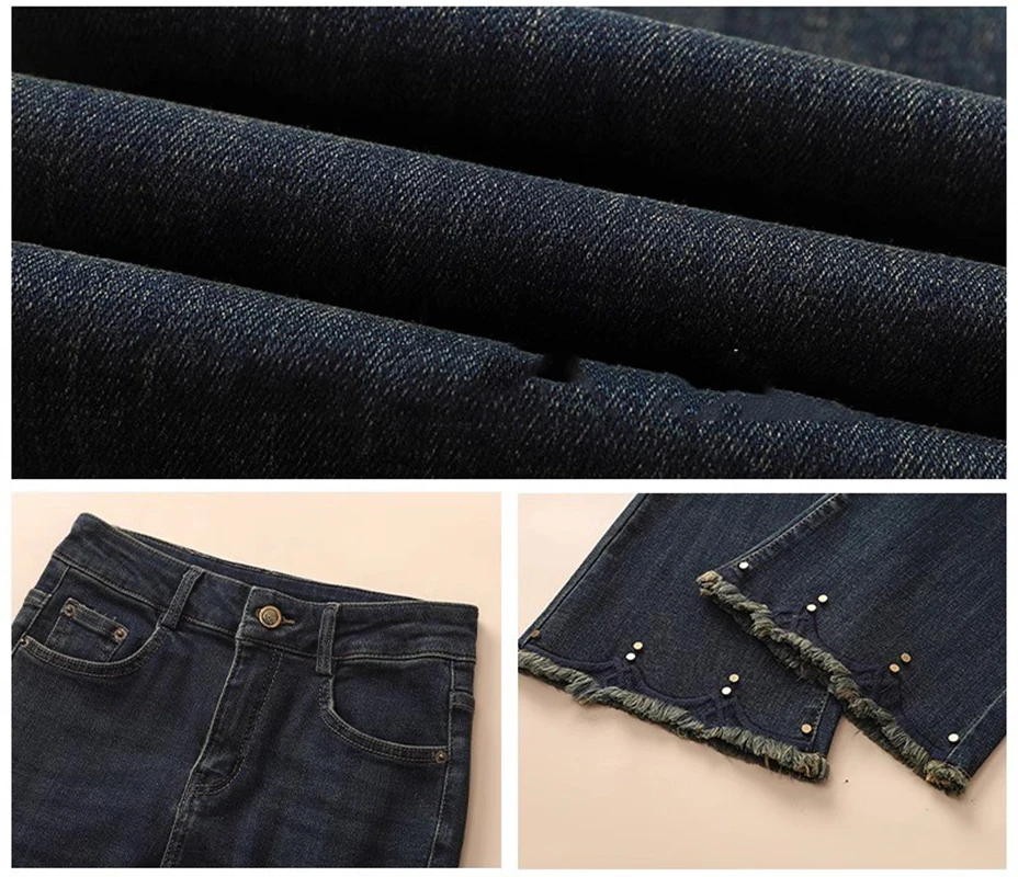 Cimento cinza jeans feminino primavera outono 2025 novo elástico de cintura alta queimado calças retro versátil borla borda crua