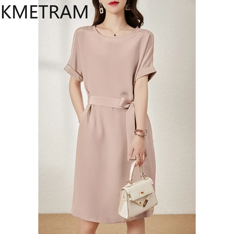 KMETRAM High-end Mulberry Silk Dress for Women Summer Mid-length Dresses Gentle Matte Powder Skirt Women's Clothing New in 2024