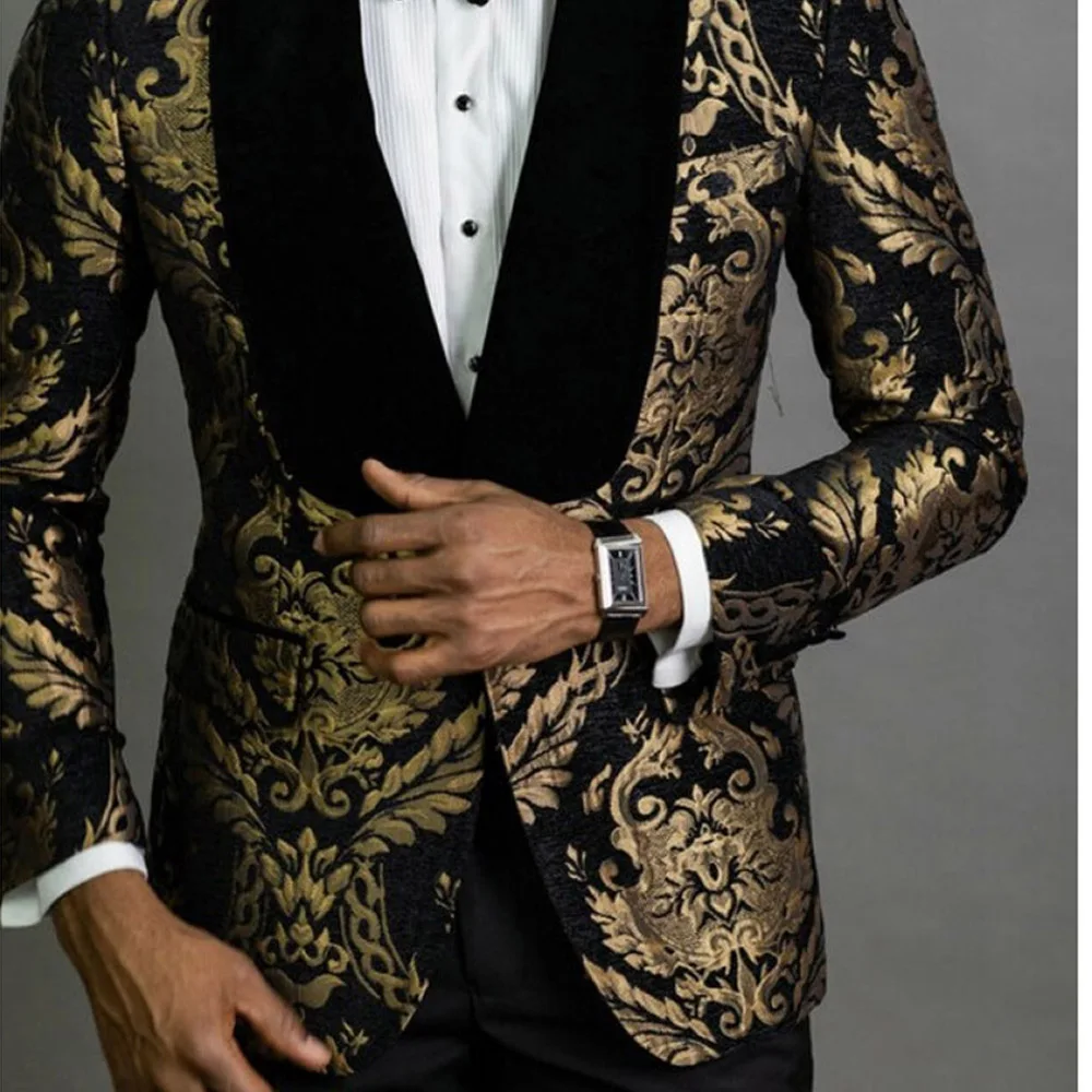 Luxury Men\'s Blazer Black and Glod Jacquard Fabric Shawl Lapel Single Breasted Formal Suits One Pcs Jacket Slim Fit High Quality