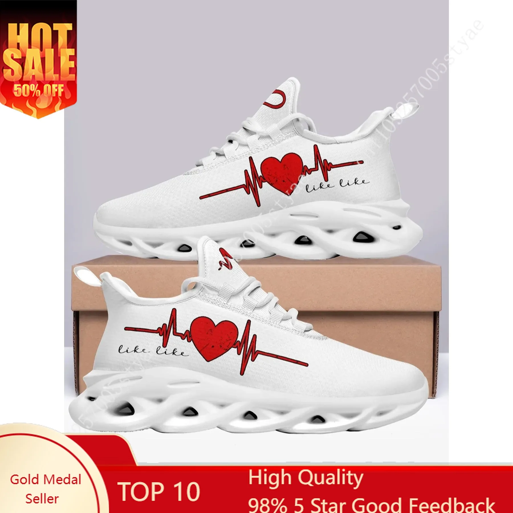 

Women's Heartbeat Print Lace Up Fashionable Running Shoes, Casual Comfortable Breathable Sports Shoes, Female All-match Round To