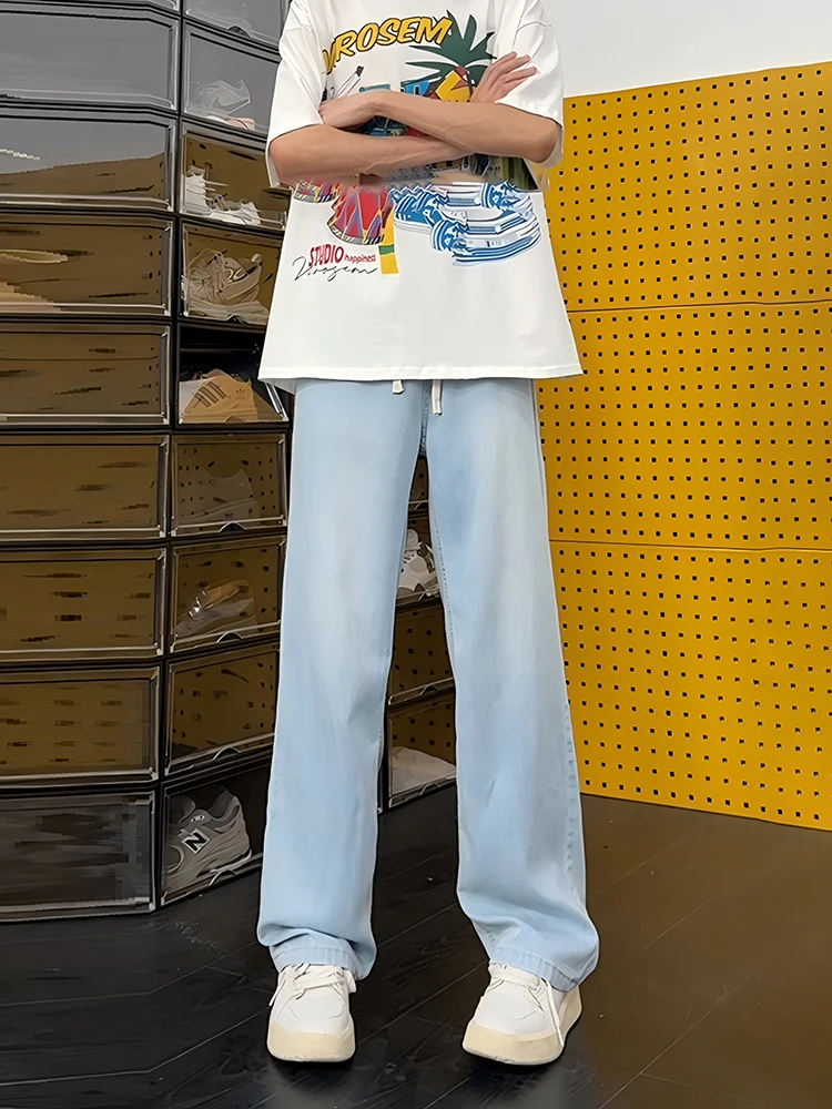 

Light Blue Ice Silk Men's Jeans Summer Thin Wide Leg Straight Cut Casual Loose Fit American Style Summer Jeans