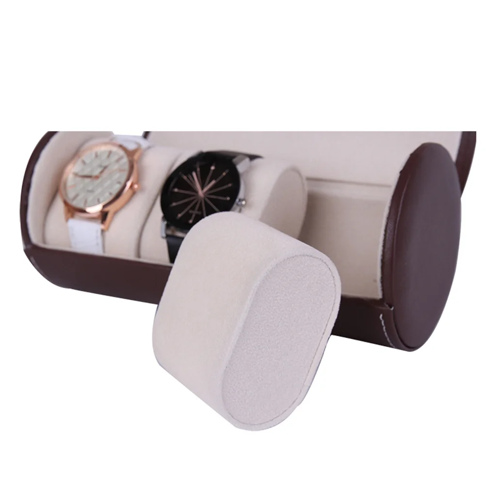 

3-Compartment PU Watch Storage Box Portable Cylindrical Design Travel Case Protect Watches Dust Fingerprints Coffee