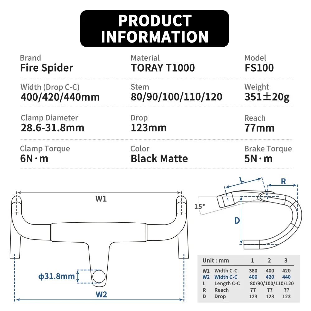 FIRE SPIDER FS100 Carbon Bicycle Handlebar OD2 Road Bicycles Carbon Road Handlebar Integrated Carbon Handlebar With Stem 31.8mm