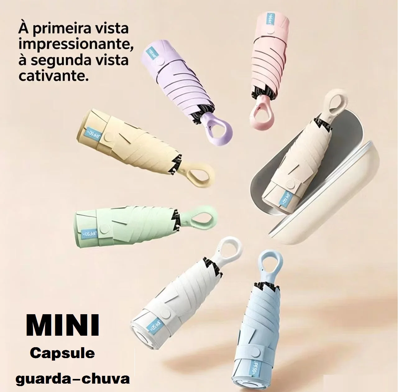 Mini Guarda-chuva Compacto Dobrável De 5 Dobras Com Anel Mosquetão Portátil Anti Upf 50 UV Capsule guarda-chuva