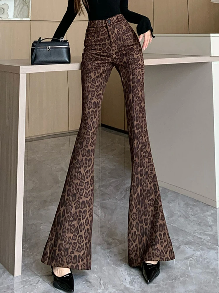 

Женские расклешенные брюки с леопардовым принтом в стиле ретро, осенне-зимние модные универсальные облегающие брюки с высокой талией, толстые расклешенные брюки