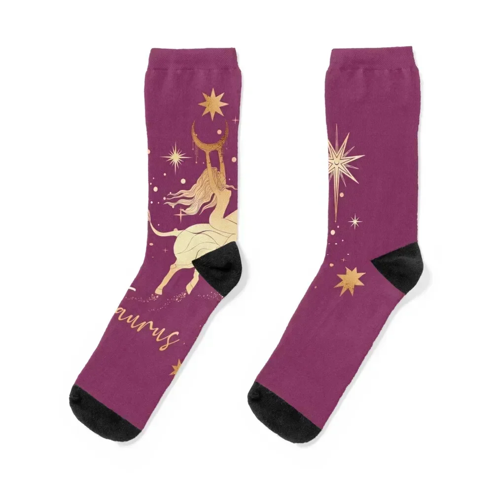 Taurus Astrological Sign Woman Riding a Bull in the Stars - Golden Gray Socks custom sports cartoon Male Socks Women's