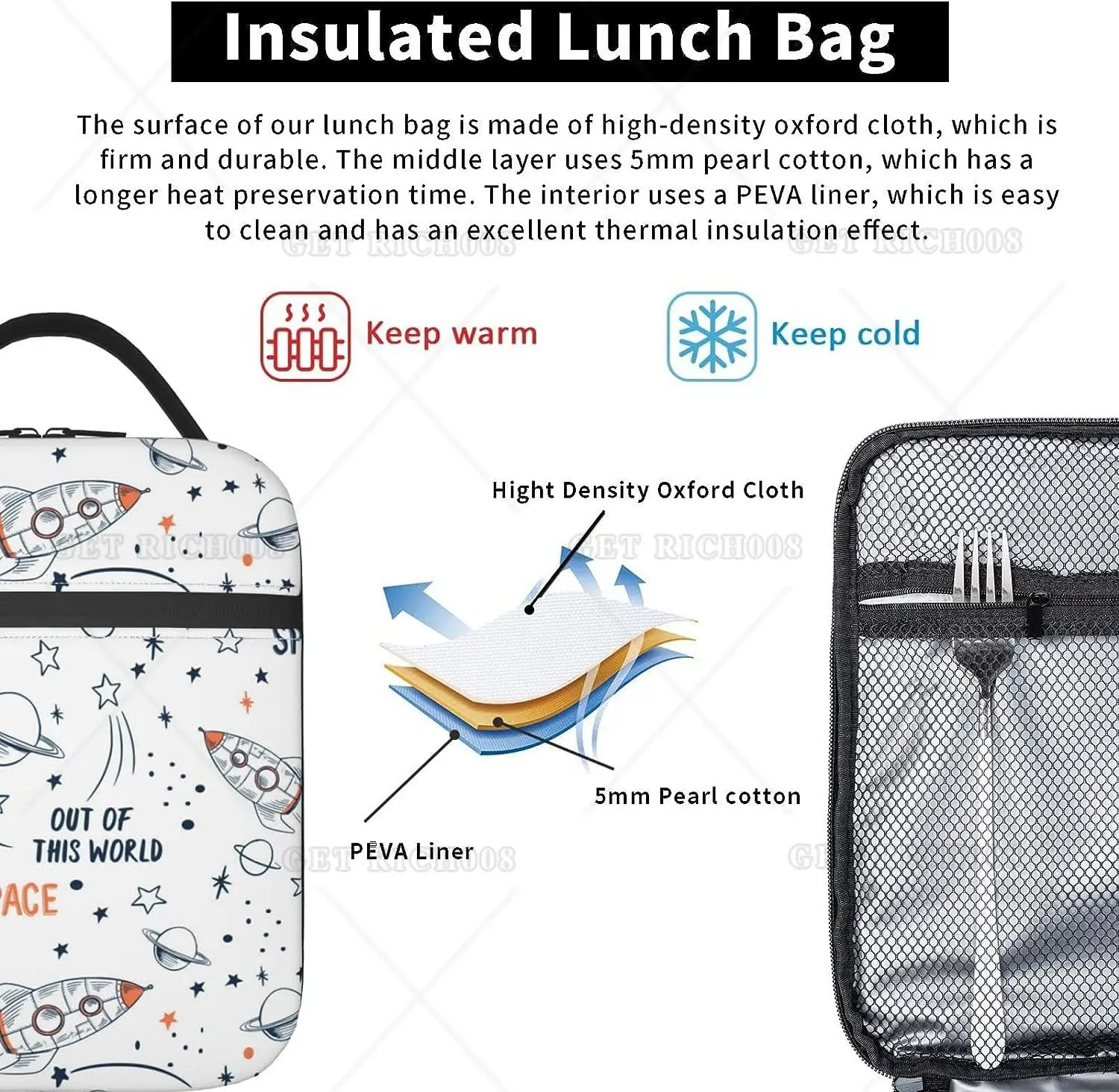 Cartoon Space Rocket Planets Stars Insulated Lunch Bag for Boys Lunch Box for Office Travel Meal Tote Bag for Women and Men