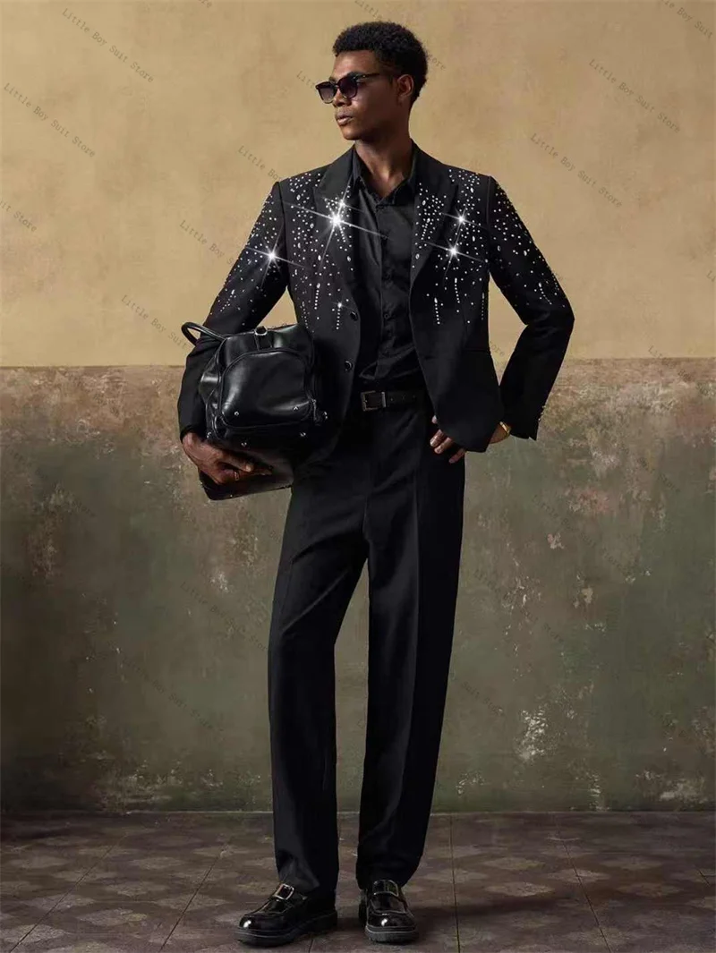 بلورات الرجال الفاخرة البدلة مجموعة 2 قطعة الزفاف سهرة سترة السترة بانت القطن الأسود مكتب رسمي الأعمال معطف الحفلات حسب الطلب