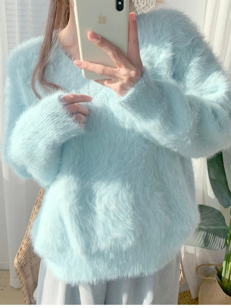 Women's Loose V-Neck Knitted Sweater Soft Faux Mink Autumn Winter Casual Fashion Comfortable Long Sleeve Top