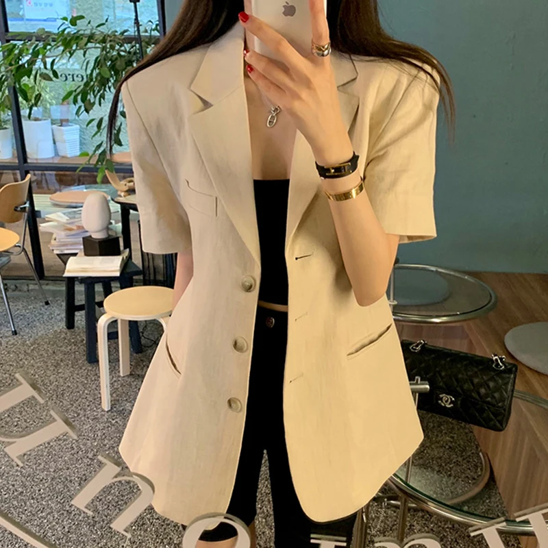 

Korean Chic Summer Cotton Linen Suit Jaet Loose ort Sve Single Button Casual Versatile Women's Faion Outerwear