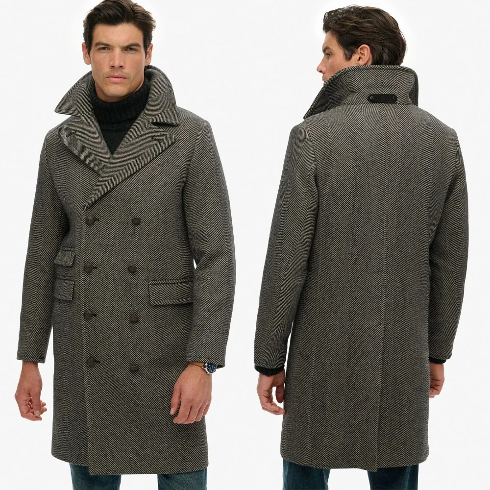 Classic Grey Herringbone Tweed Double-Breasted Overcoat with Wide Collar and Leather Detail Men Long Coat Customized E26108