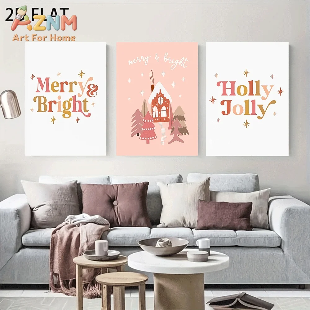 AZNM Boho Pink Christmas House Tree Text Quote Canvas Wall Art, Merry Bright Holly Jolly Festive Xmas Colorful Typography Illust