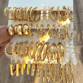 Vintage Gold-Tone Faux Pearl Twisted Earrings Set 1