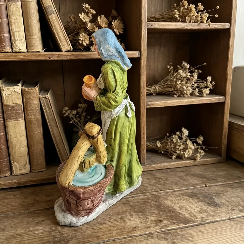 Water Fetching Farmer Figurine Outdoor Statue European Rural Water Fetching Statue Resin Figurine Gardening Outdoor Decoration