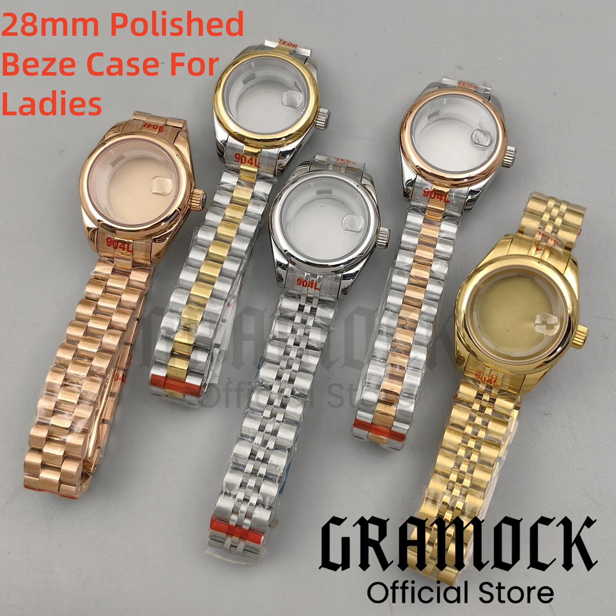 Gramock NH05 06 Lady's 28mm Polished Stainless Steel Watch Case Jubilee Strap Sapphire Crystal Fit NH05 NH06 Movement Watch Part