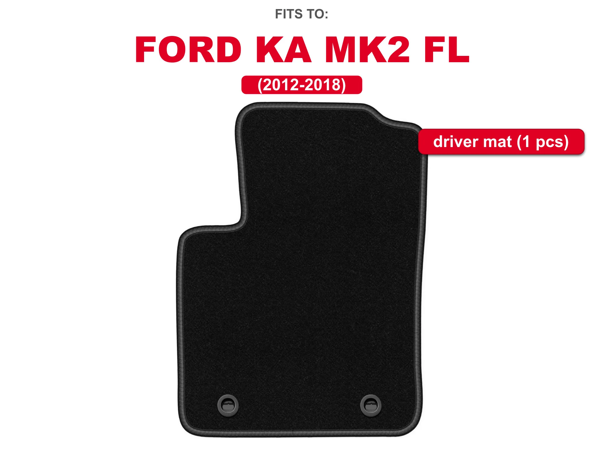Zwarte velours bestuurdersvloermat voor: Ford Ka MK2 2008–2012 hatchback, auto voetruimtemat, 1 stuk voor de bestuurderszijde, op maat gemaakt