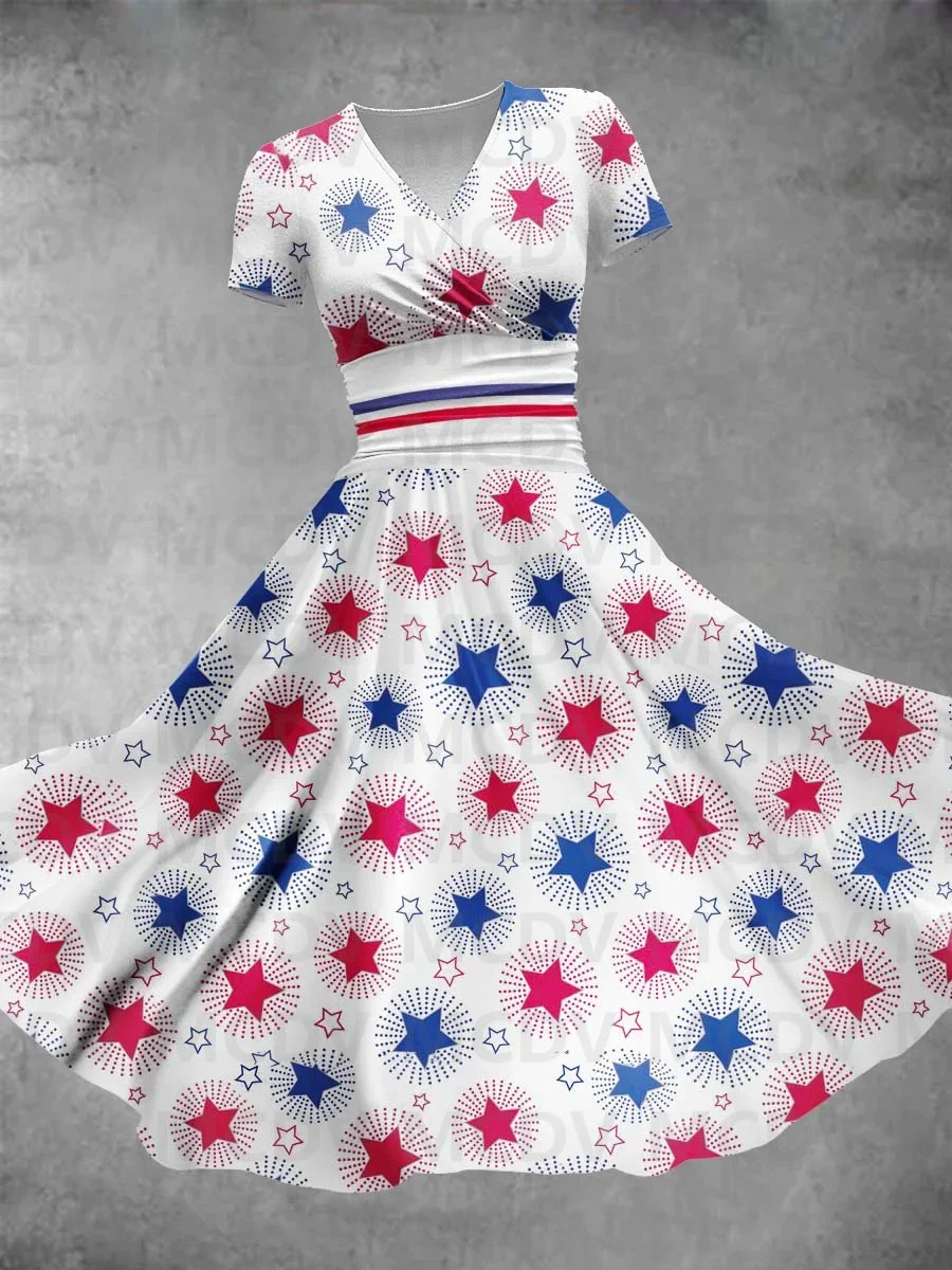 Vestido largo con estampado artístico para mujer, diseño de patrón del Día de la Independencia Americana