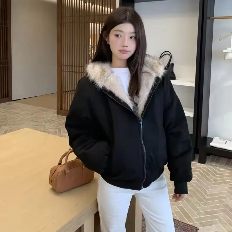 

Cute American Plush Winter Black Rabbit Ears Design Cotton Padded Jacket Women Fall Hooded Fur Collar Hip Hop Baggy Warm Coat