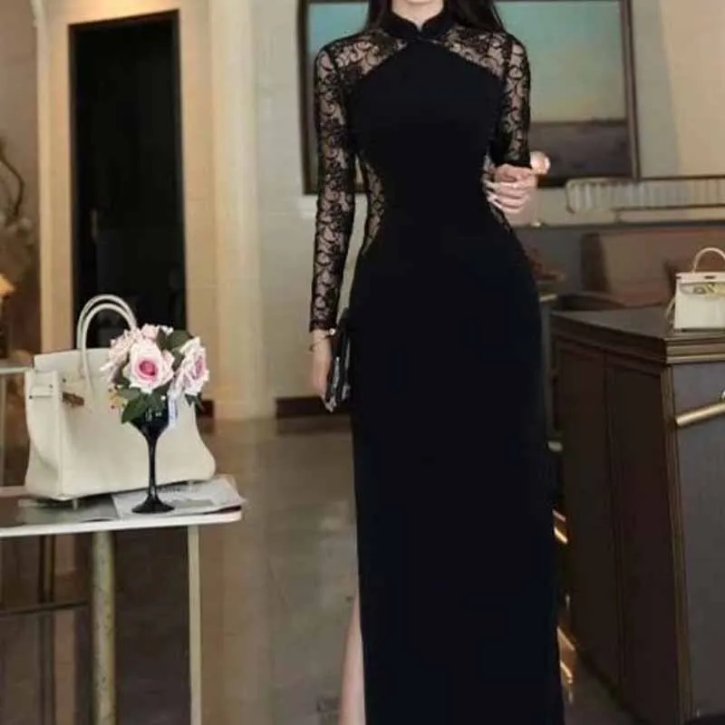 Black Sexy Qipao Mesh Splice Long Sleeves Cheongsam Temperament Sheath Side Slit Chinese Dress Dance Party Elegant Vestidos