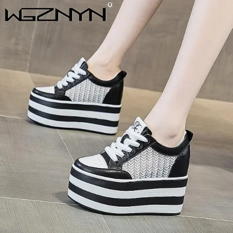 

12 см из натуральной сетчатой кожи на танкетке на платформе, новые летние весенние ботинки до щиколотки, женские высокие брендовые белые модные туфли на высоком каблуке