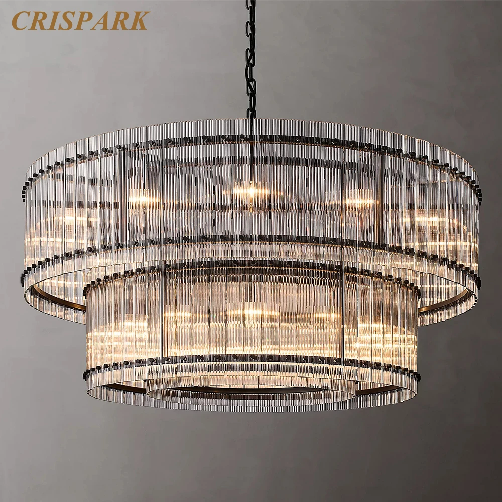 San Marco Two-Tier Round Chandelier Modern LED Black Pendant Chandelier Lighting Fluted Clear Glass Ceiling Lamp for Living Room