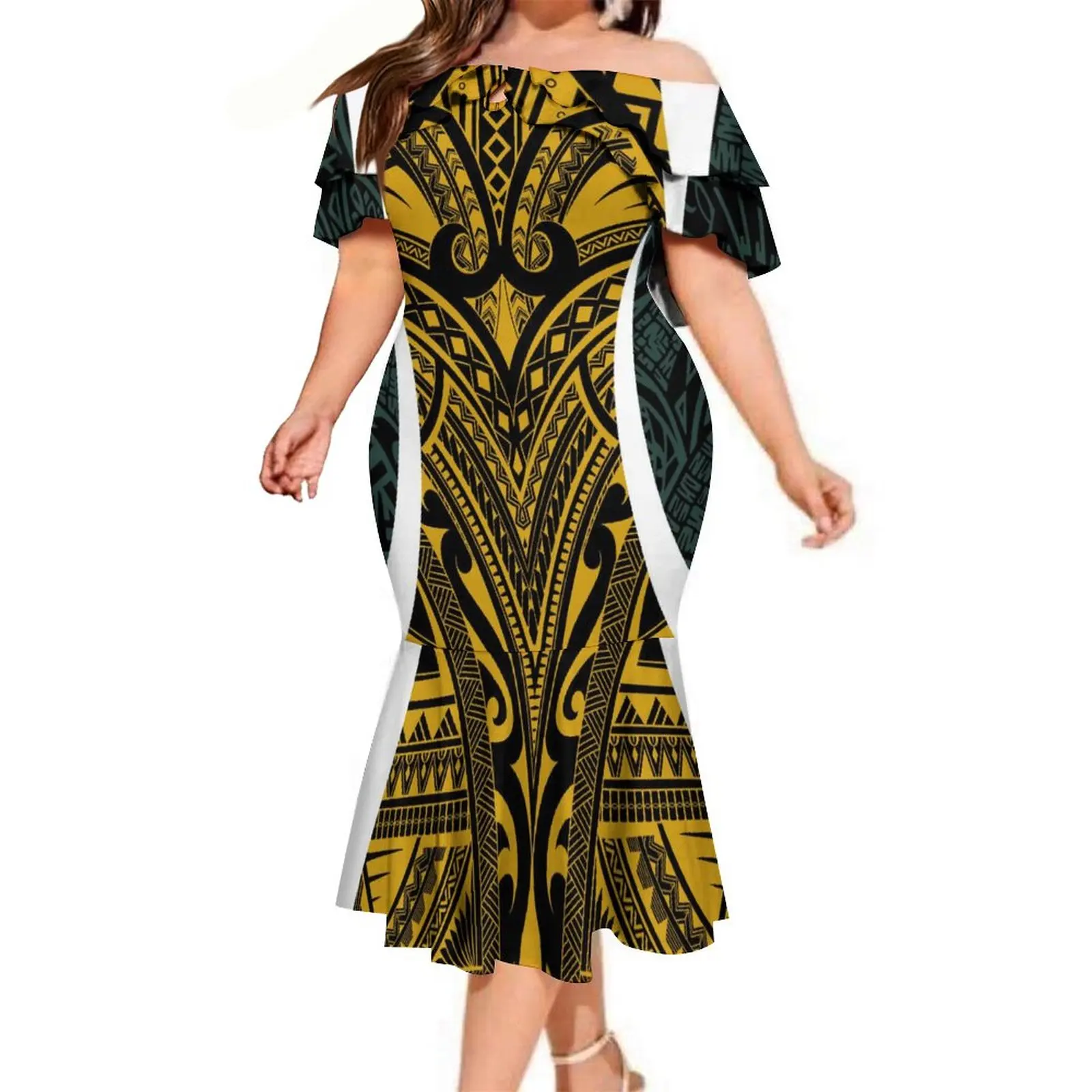 2023 Big People Women's Plumeria Sublimation Print Fishtail Dresses Micronesia Design Double Shawl Off Shoulder Mermaid Dress