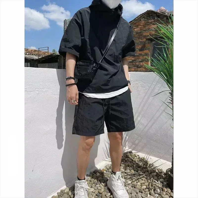 Setelan Gaya Cargo Musim Panas Pria Kasual Hoodie Polos Kaos Lengan Pendek Celana Pendek Longgar Fashion Berkualitas Tinggi Setelan Sweatshirt
