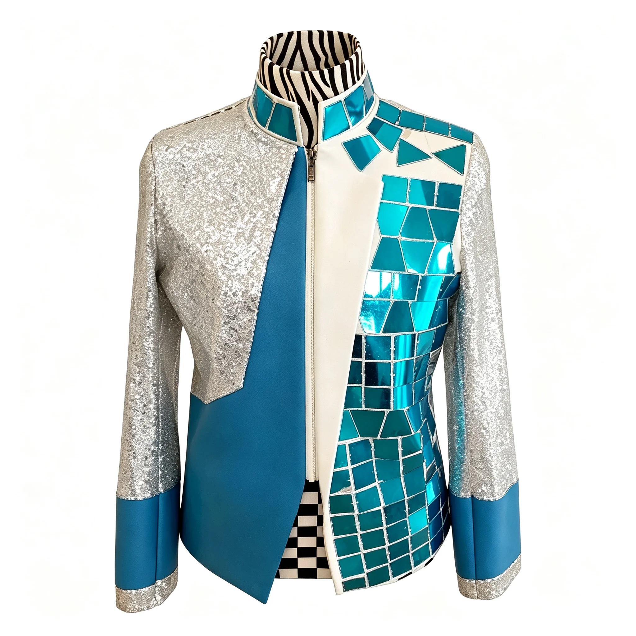 Chaqueta de escenario con lentejuelas para hombre, con detalles de lentejuelas y cuello alto, manga larga, cierre con cremallera, ideal para presentaciones de cantantes en discotecas.