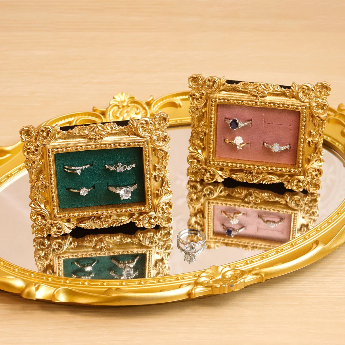 حامل عرض خاتم ذهبي عتيق، صينية حلق من جلد الغزال، تصميم باروكي، هدايا الزفاف وأعياد الميلاد، منظم مخملي لدعامة الخطوبة #2