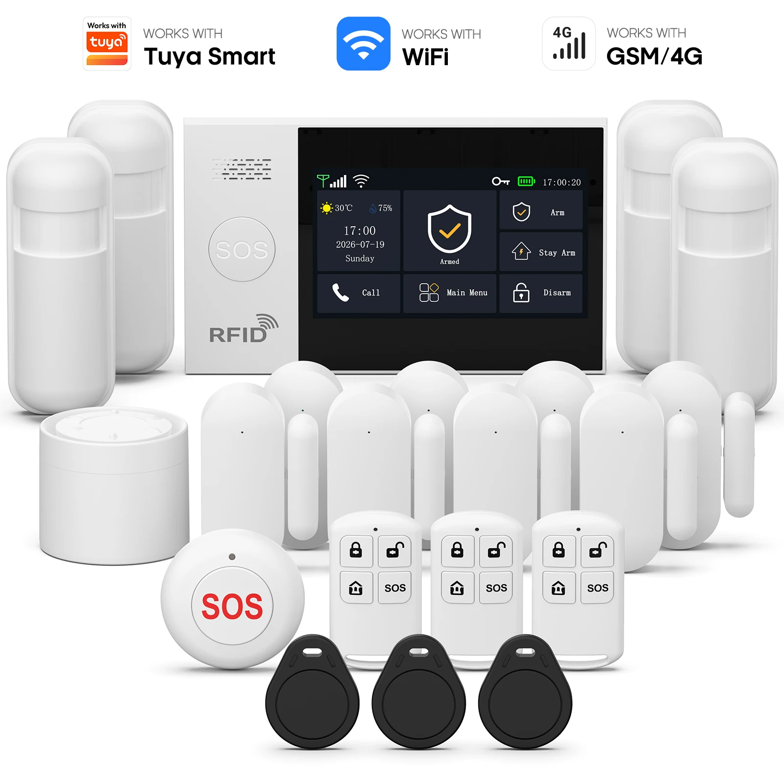 Tuya Smart 4G WiFi GSM Alarmsystem mit Touch-Tastatur und App-Steuerung, Diebstahlschutz-Alarmanlage für Zuhause mit Türsensor und Infrarotdetektor
