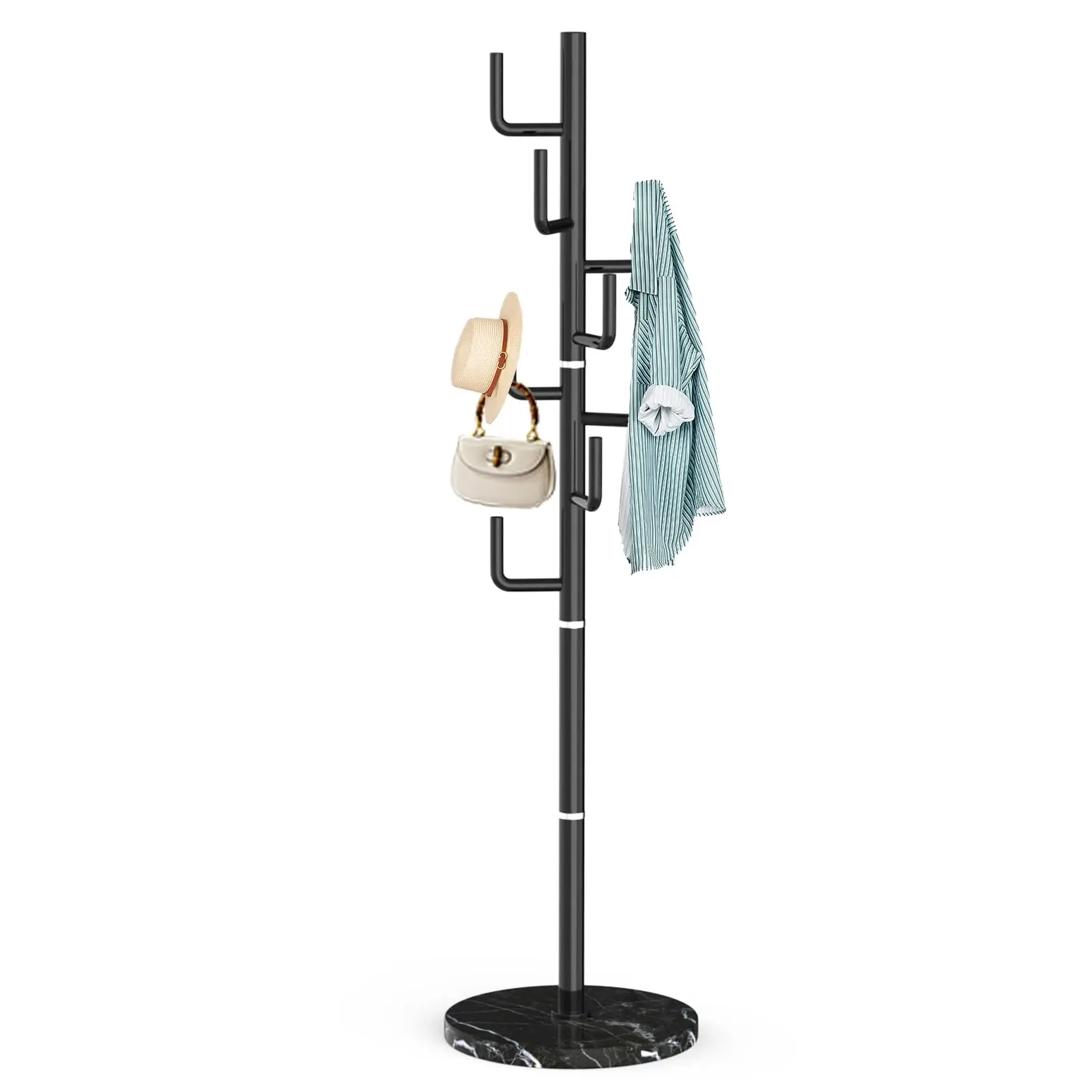 

Modern Black Metal Standing Coat Rack With Marble Base, Cactus-Shaped 8-Hook Design For Hats, Jackets And Accessories
