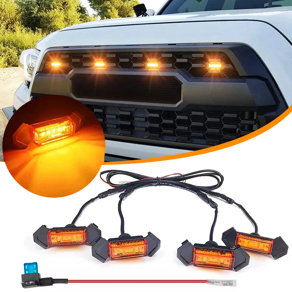 

YNn For Automotive General LED Grille Light Yellow Amber Wiring Harness Daytime Running Grille Light Fog Light 4 Pieces/set