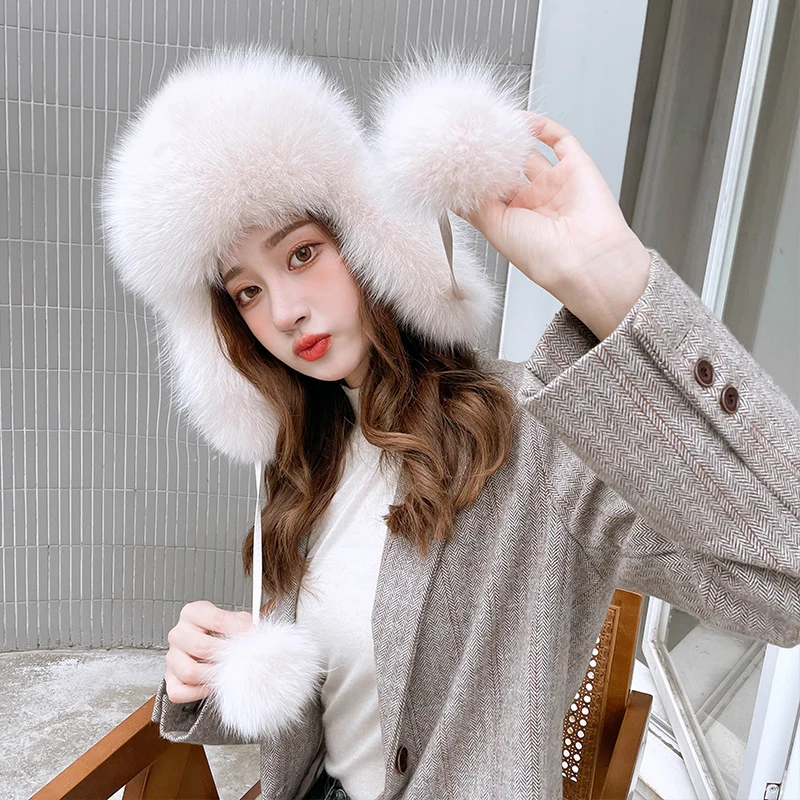 2022 New Style 100% Real Fox Fur Hat Women Russian  Aviator Trapper Snow Skiing Hat Caps Earflap Winter Raccoon Fur Bomber