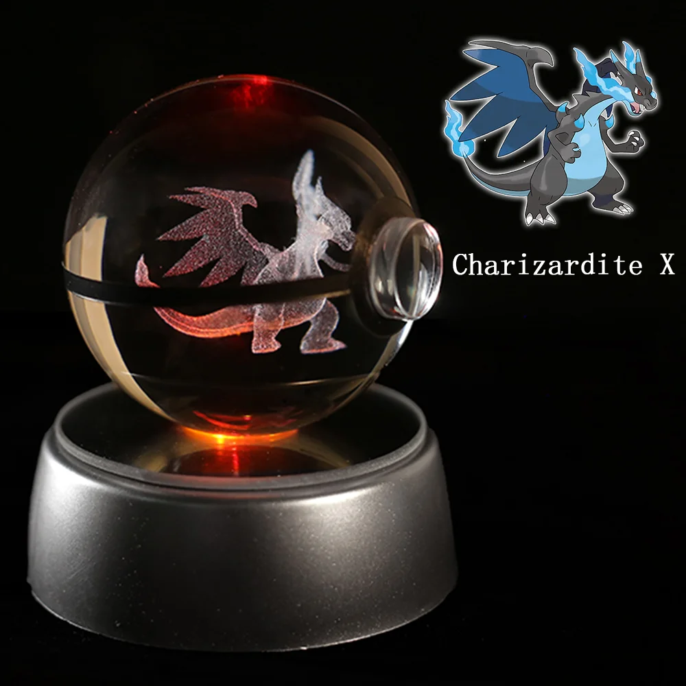 Pokemon 3D Crystal Ball Figure Engraving Pikachu Charizard Gengar With LED Light Base Anime Glass Ball Child Gift Toy