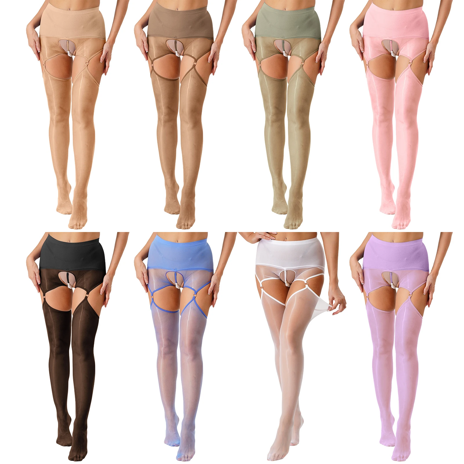 Lingerie sexy da donna con collant con apertura sul cavallo e fascia di perle finte, leggings scavati lucidi, collant da notte, clubwear