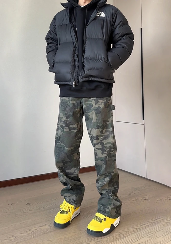 

Retro American Camouflage Fce Lined Men's Jeans High Street Autumn Winter Workwear Straight Leg Casual Trousers