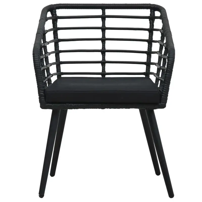 Lot de 2 chaises de jardin noires en résine tressée sur structure en acier thermolaqué, avec accoudoirs et coussins en polyester épais de 5 cm. Résistantes aux intempéries, dossier ergonomique, capacité de charge 110 kg, assemblage à réaliser pour terrasse et jardin.