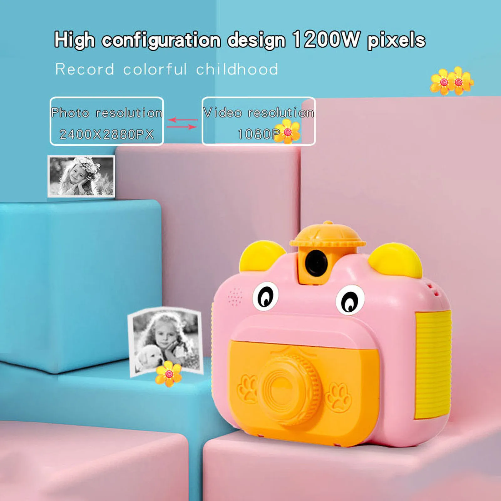 Fotocamera digitale per bambini 1080P per bambini carina 12MP 180 °   Fotocamera con stampa istantanea con obiettivo ruotabile con schermo IPS da 2,4 pollici