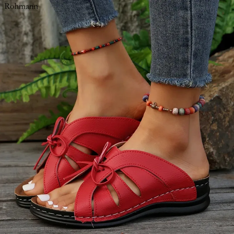 

2024 New Open Toe Women's Summer Rome Solid Hollow Shoes Female Wedge Casual Beach Slippers