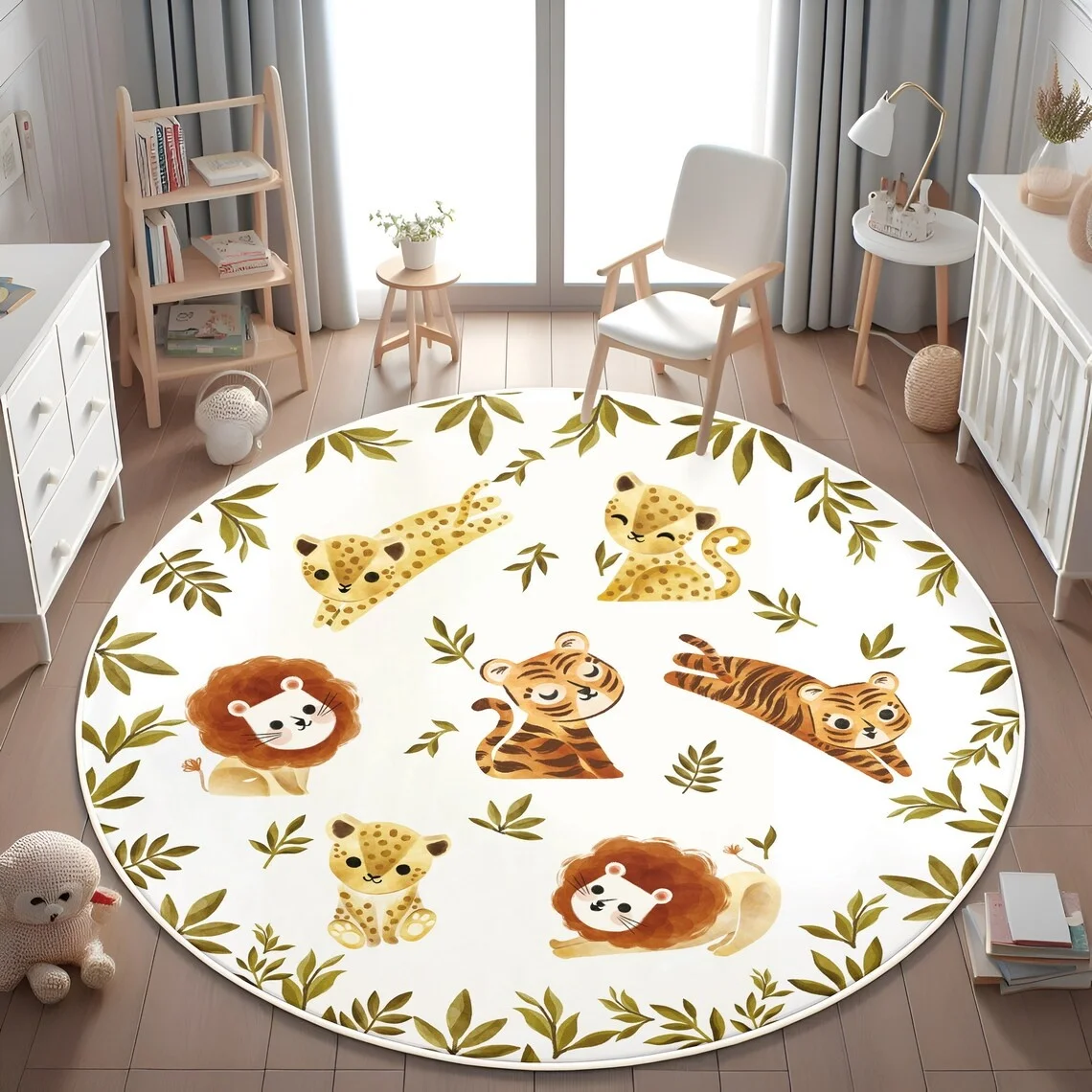 Watercolor Lion Tiger Leopard Round Rug Non Slip Washable Floor Mat for Kids Bedroom Playroom Tropical Leaf Jungle Nursery