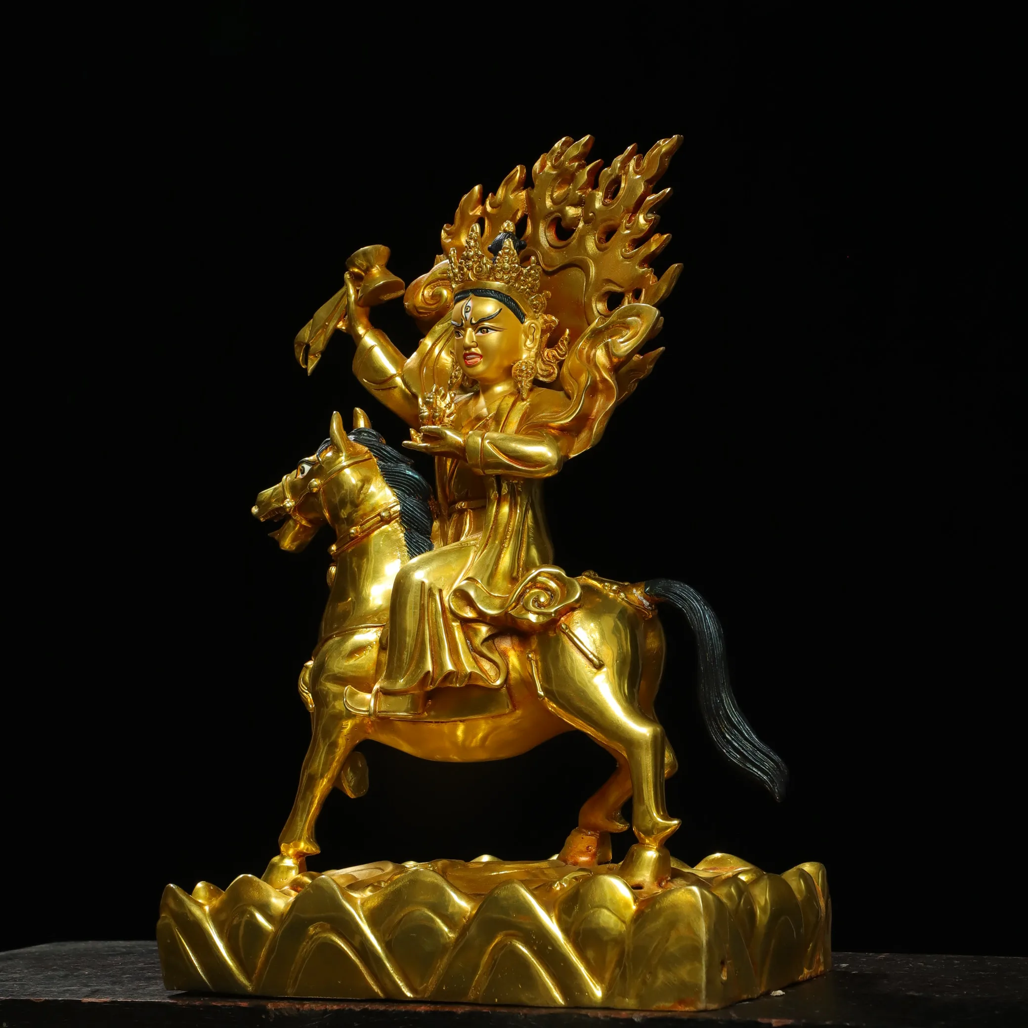 13 "مجموعة معبد التبت القديم البرونزية المذهبة رسمت الوجه بالدن لامو جبل يجلس بوذا الخلفية قاعة العبادة