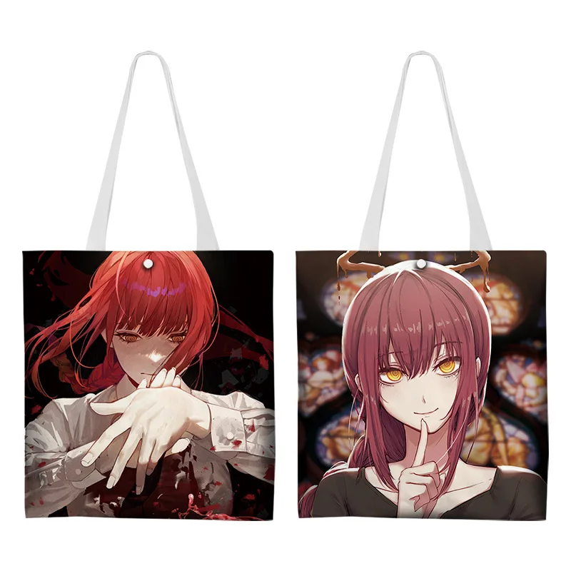 Anime motosserra homem pochita makima personagens bolsa de ombro lona colorida 2 lados estampas dos desenhos animados sacola de compras