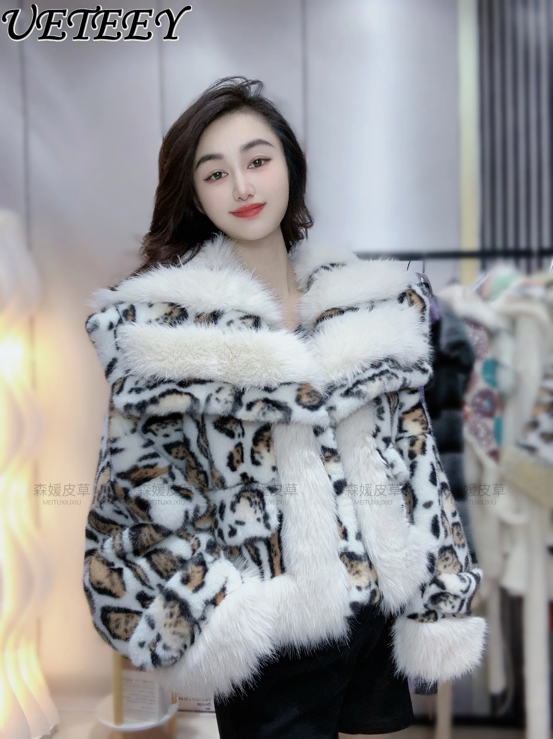 Winter Women's New Foreign Style Fashionable Young Short Imitation Fur Coat Explosion White Leopard Print Fluffy Jacket