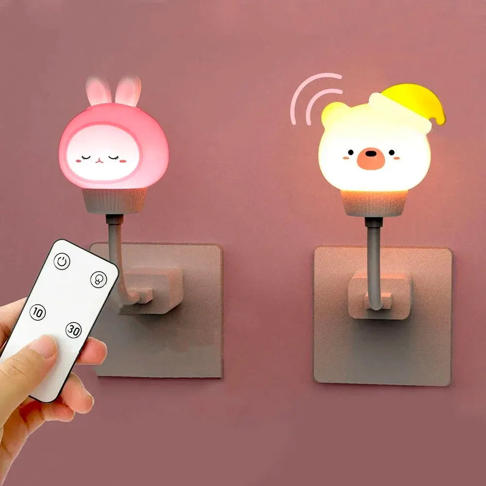 מנורת לילה LED חמודה לחדר ילדים - דוב, חתלתול ושליטה מרחוק