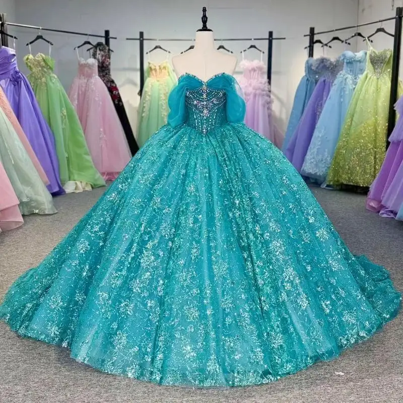 

Mint Green Glittering Quinceanera Dresses Sequin Appliques Lace Beads Off The Shoulder Vestidos De 15 Anos Birthday Party