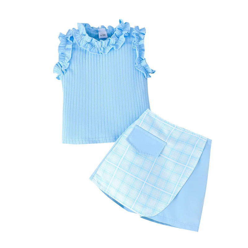 Toddler Girl Summer Outfits Solid Color Frills Sleeveless Tank Tops Plaid Shorts 2Pcs Clothes Set