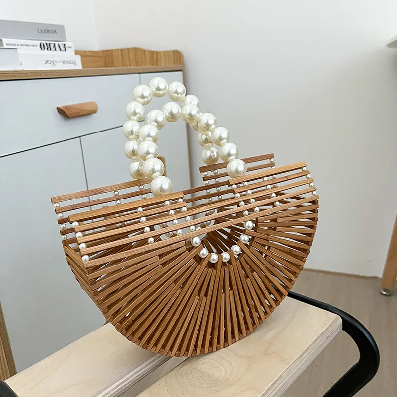 

2026 Summer Handmade Bamboo Handbag Pearl Handle Design Hollow Out Fashion Half Moon Wooden Bag Summer Vacation Beach Bag