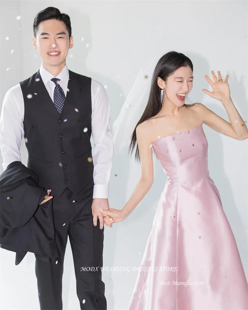 

MODX Сладкие розовые свадебные платья трапециевидной формы без бретелек из атласа длиной до пола, платье для выпускного вечера, корейские свадебные платья для фотосессии