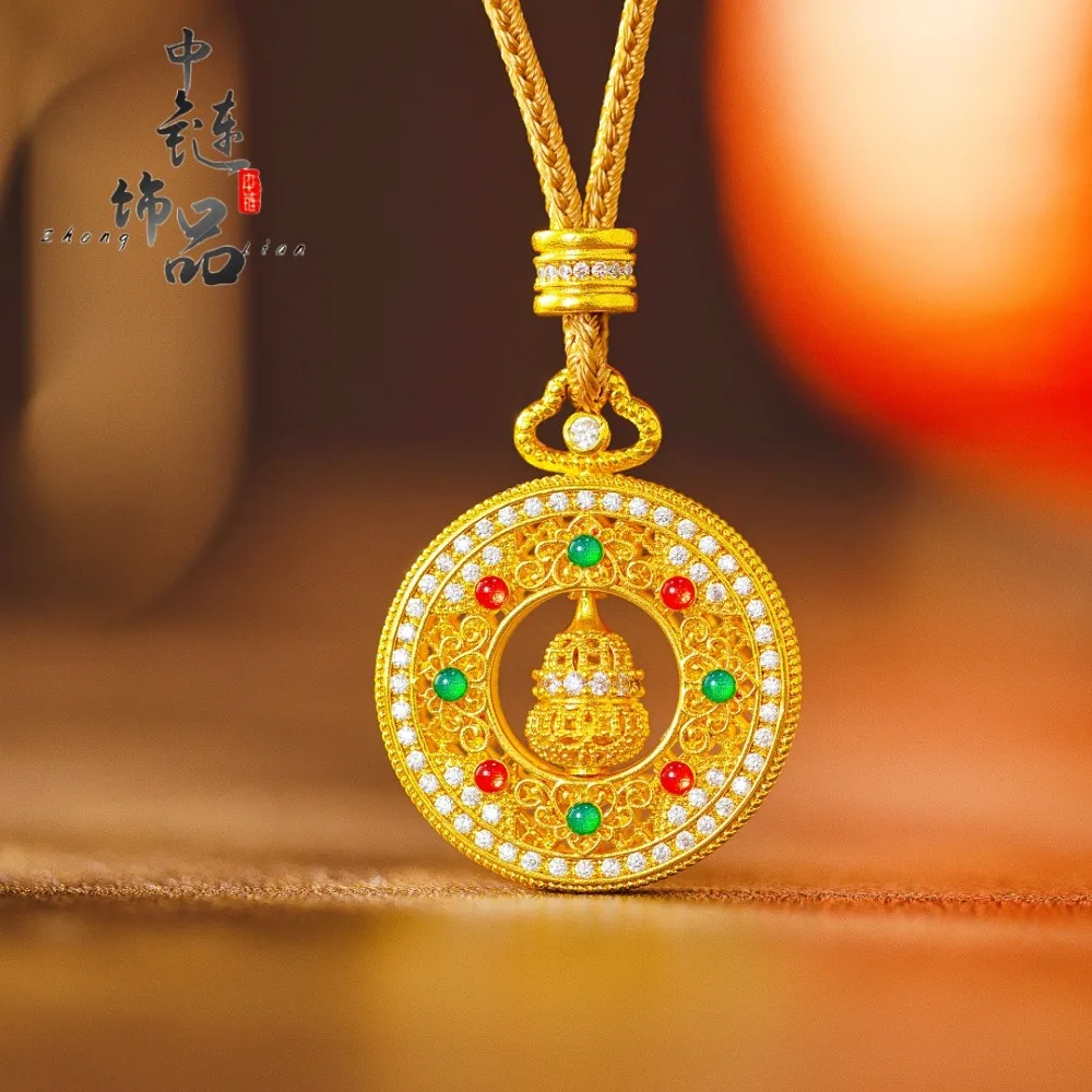 Diamond-encrusted hollow rotary gourd compass pendant 9999gold