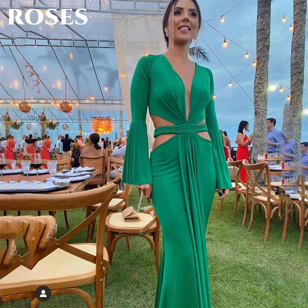 

ROSES Green Mermaid Sexy Prom Dress Long Sleeves Celebrity Dresses Women's Evening Dress Deep V Neck Formal Gown Custom 프롬 드레스